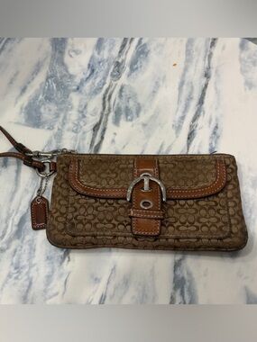 Coach Brown Signature Canvas Wristlet Phone Case with Tan Leather Trim